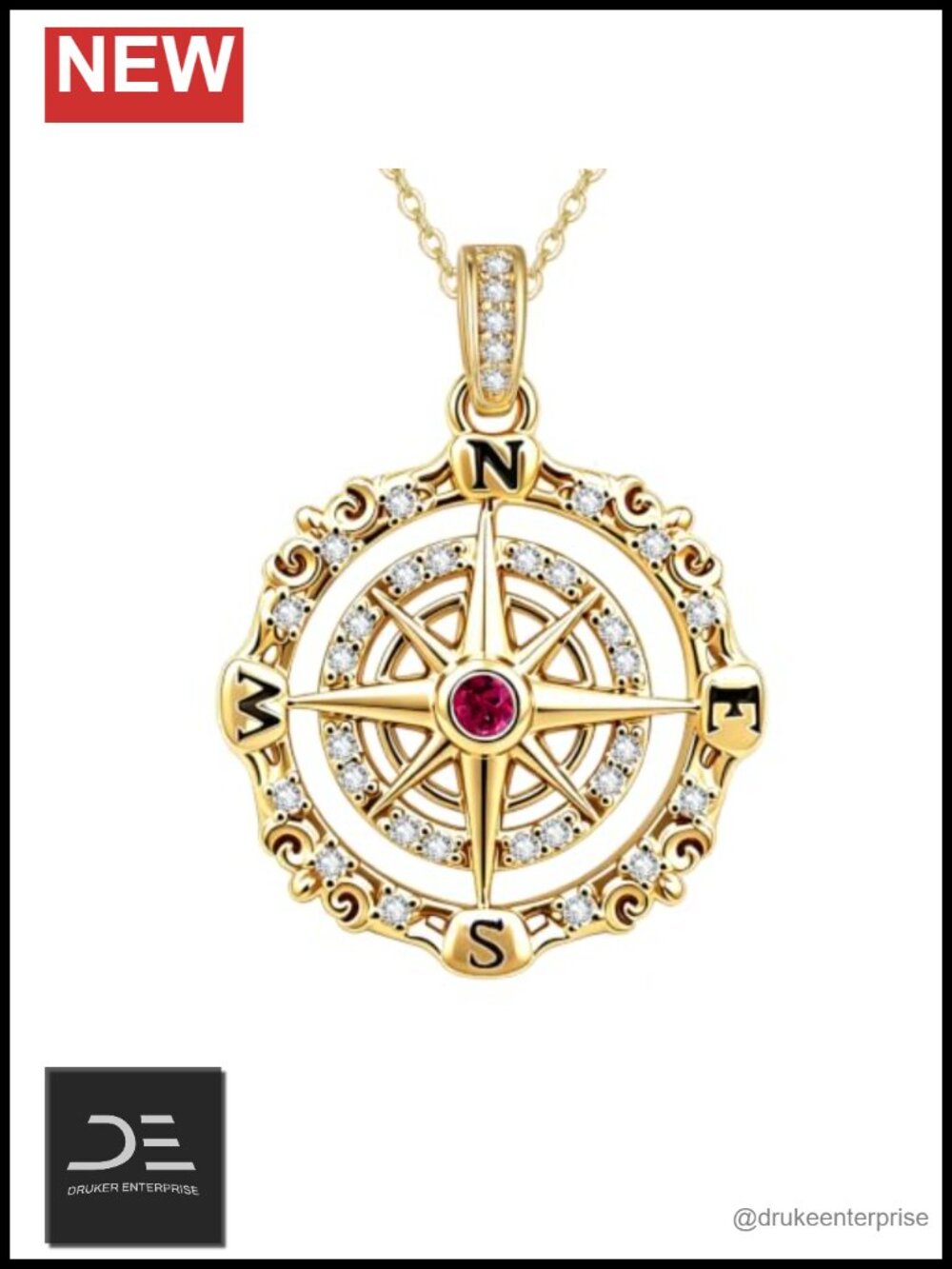 Compass Pendant Necklace 18K Gold Plated July Birthstone 18in Chain Gift